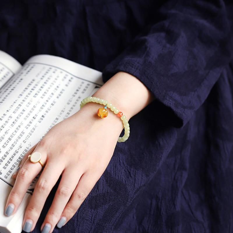 Pulsera de prosperidad de cristal de ágata roja ámbar calabaza de jade hetiano natural