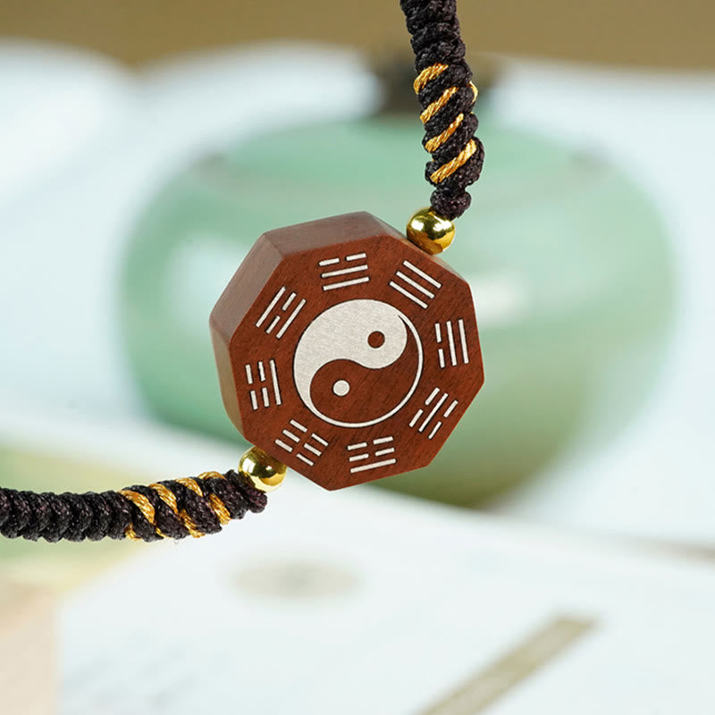 Buddha Stones hoja pequeña sándalo rojo madera de azufaifo madera de ébano plata con incrustaciones Yin Yang Bagua pulsera de protección de cazo grande