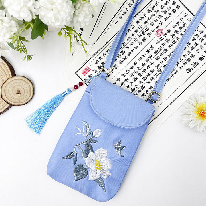 Bolso bandolera con flores bordadas pequeñas y Buddha Stones, bolso de hombro, bolso para móvil de doble capa