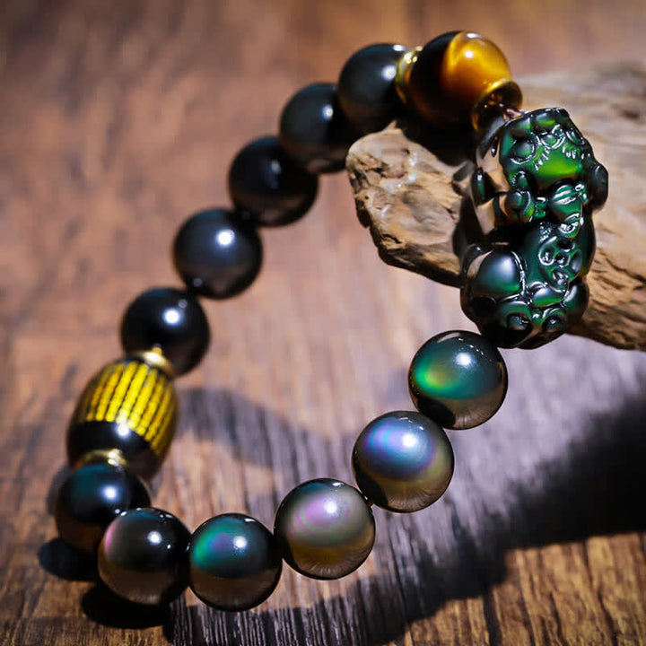 Pulsera positiva con Buddha Stones FengShui PiXiu, obsidiana arcoíris, ónix negro, ojo de tigre