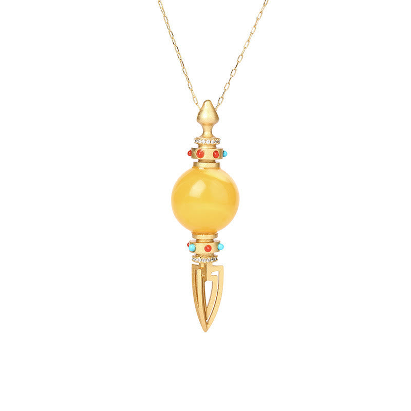 Colgante de collar de ansiedad transparente Dorje Vajra de ámbar chapado en oro de 24 quilates