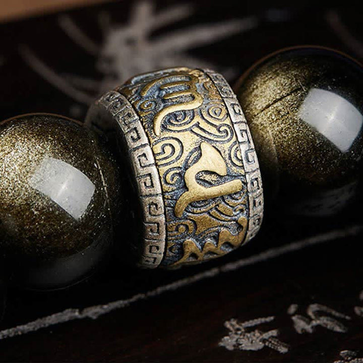 Pulsera de protección Om Mani Padme Hum de cinabrio PiXiu de obsidiana con brillo dorado de Buddha Stones