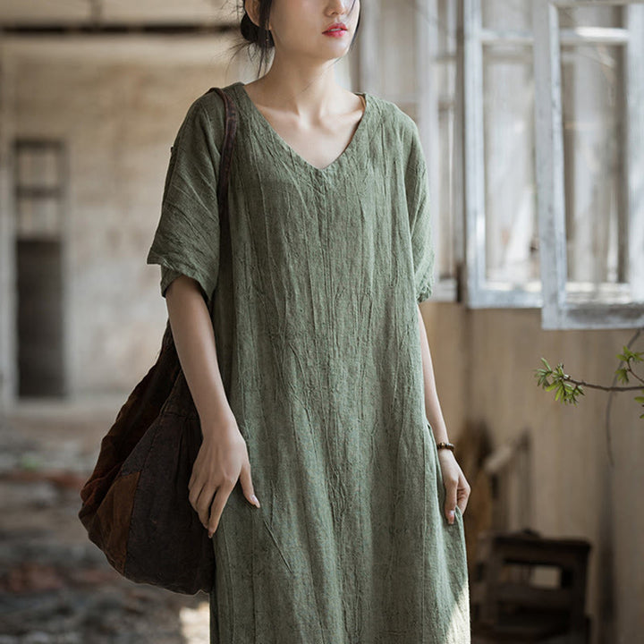 Vestido midi con cuello en V y teñido anudado hecho a mano con Buddha Stones Vestido de manga corta de lino