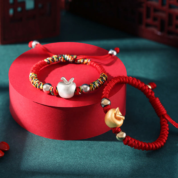 Pulsera para niños hecha a mano con Buddha Stones de plata de ley 999, color rojo manzana, cuerda multicolor, protección de la suerte