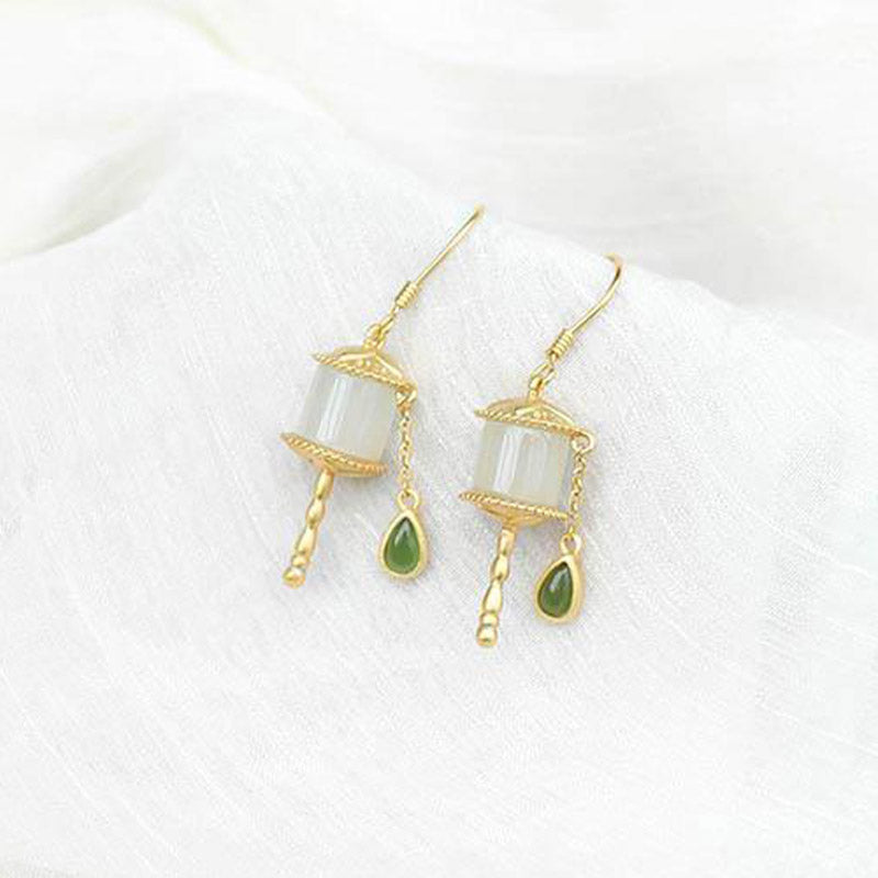 Pendientes colgantes de la suerte con rueda de oración de jade de plata de ley 925 con Buddha Stones