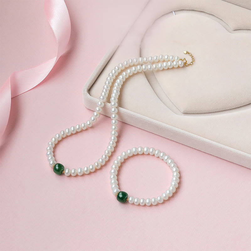 Buddha Stones de Plata de Ley 925, Perla Natural, Jade hetiano, aguamarina, sabiduría, sinceridad, collar, pulsera con colgante - Collar y pulsera - Aleación de jade hetiano perla 45 cm - image 1