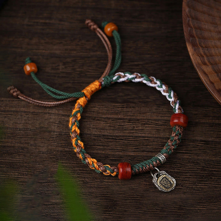 Pulsera trenzada de plata tibetana hecha a mano con Buddha Stones, Plata de Ley 925, Zakiram, diosa de la riqueza, protección de hueso de camello