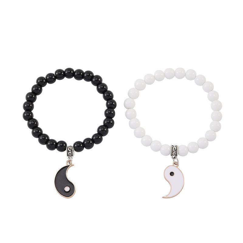 Buddha Stones 2 uds. Pulsera de pareja de protección Yin Yang con cuentas de turquesa blanca y ónix negro