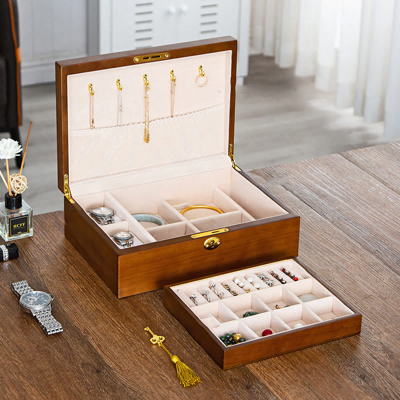 Caja de joyería de madera vintage con Buddha Stones, caja de almacenamiento de joyería de madera maciza de dos capas
