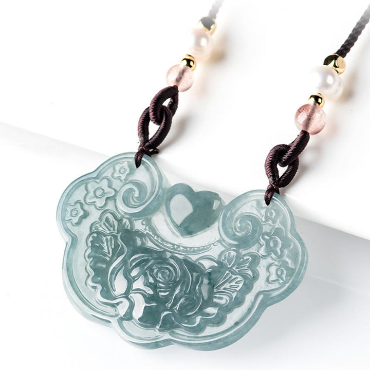 Buddha Stones Natural Jade Peonía Flor Candado de Buenos Deseos Prosperidad Collar Colgante