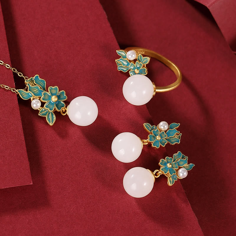 Buddha Stones Jade blanco Plata de ley 925 Perla Flor Bendición Collar Colgante Anillo Pendientes
