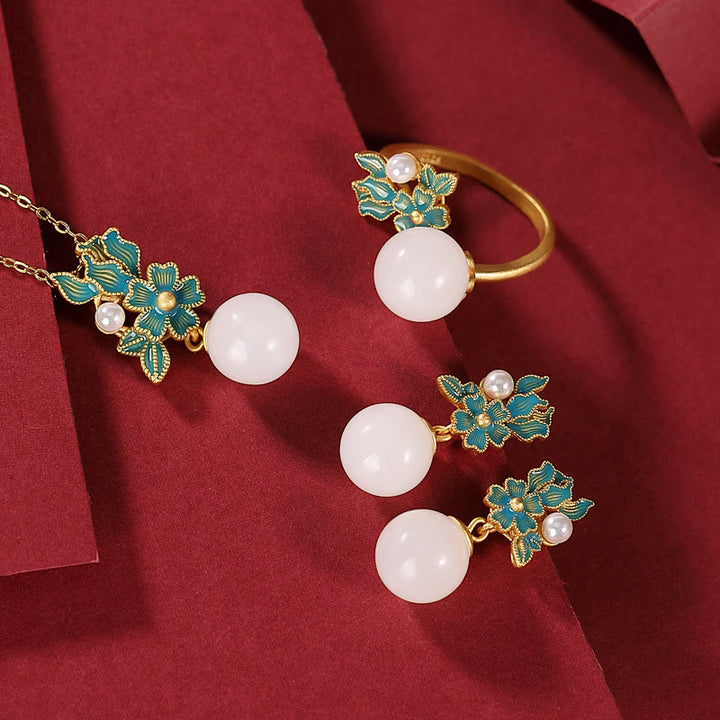 Buddha Stones Jade blanco Plata de ley 925 Perla Flor Bendición Collar Colgante Anillo Pendientes