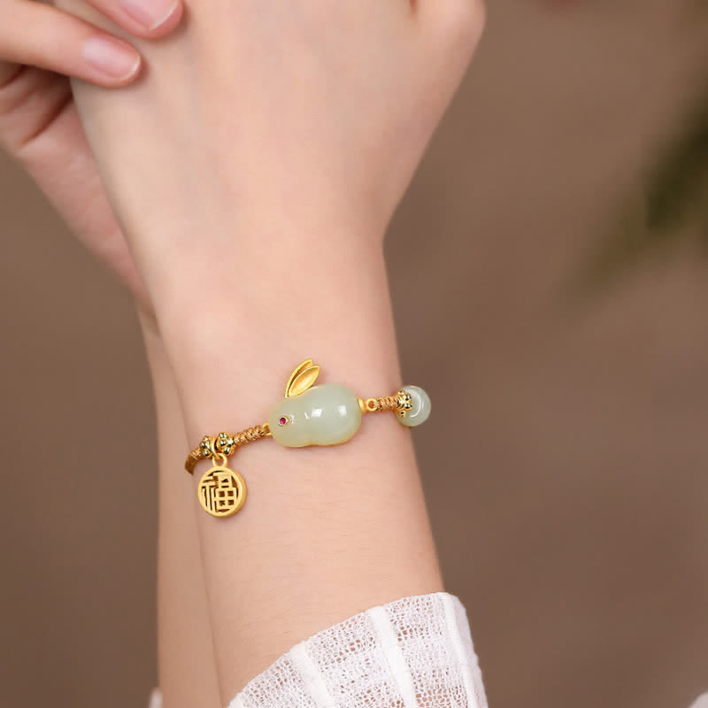 Buddha Stones Año del Conejo Hetian Jade Felicidad Bendición Riqueza Pulsera de Hilo