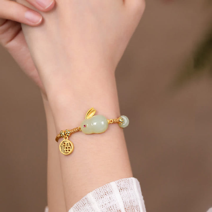 Buddha Stones Año del Conejo Hetian Jade Felicidad Bendición Riqueza Pulsera de Hilo