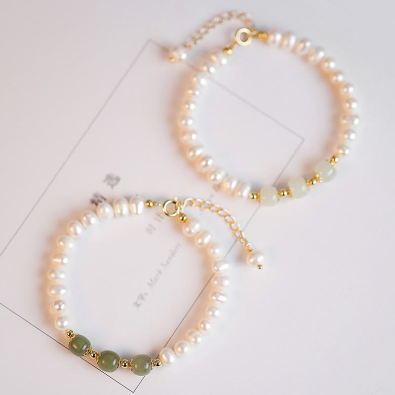 Pulsera de cadena de cuentas de sinceridad de jade blanco de jade cian hetiano con perlas naturales chapadas en oro de 14 quilates