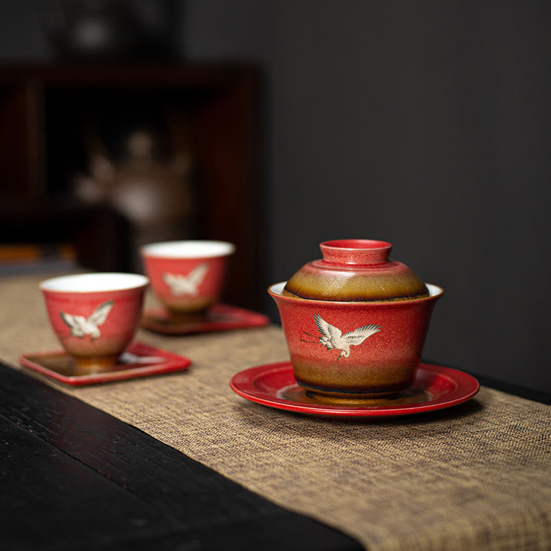 Taza de té y platillo con tapa, Gaiwan Sancai de cerámica con grulla roja, Buddha Stones, Kung Fu