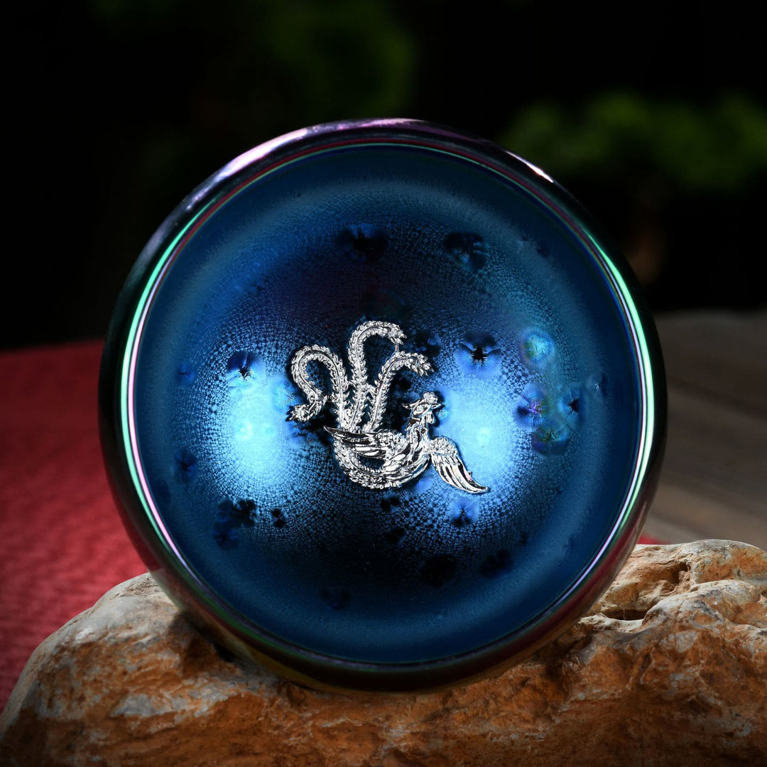 Taza de té de cerámica con incrustaciones de Jianzhan chino, con forma de Buddha Stones , loto, fénix, pez koi, pavo real, cambio de horno, taza de té de kung fu