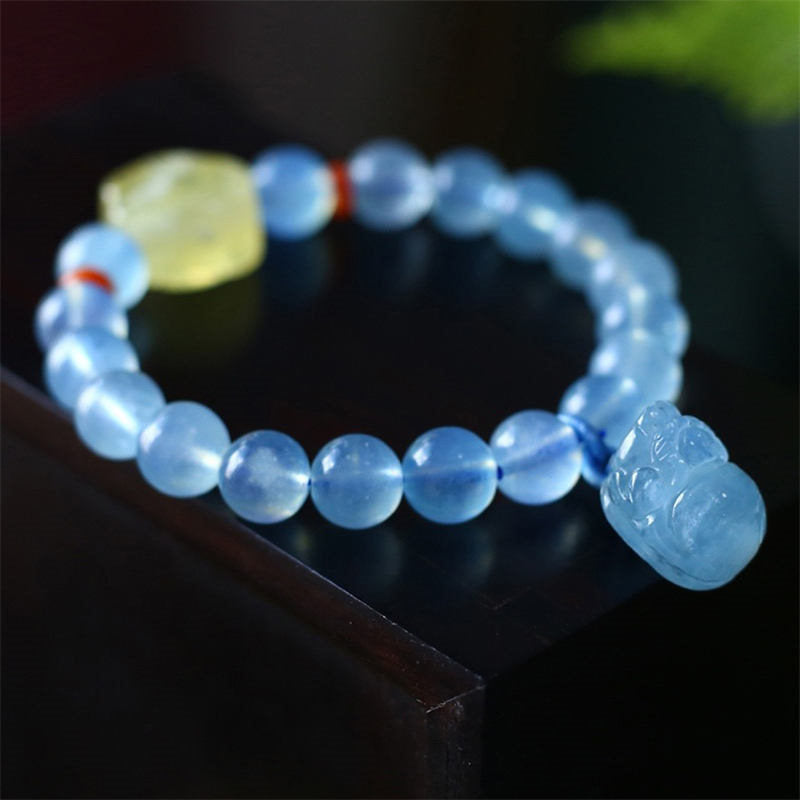 Pulsera con dije curativo de la paz, ámbar, aguamarina natural, Pixiu