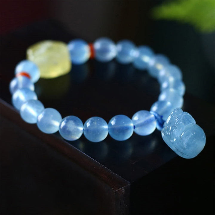 Pulsera con dije curativo de la paz, ámbar, aguamarina natural, Pixiu