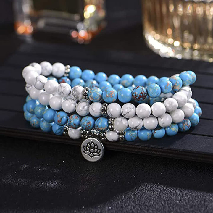 Pulsera de bendición de loto de piedra emperador turquesa blanca de 108 cuentas Mala