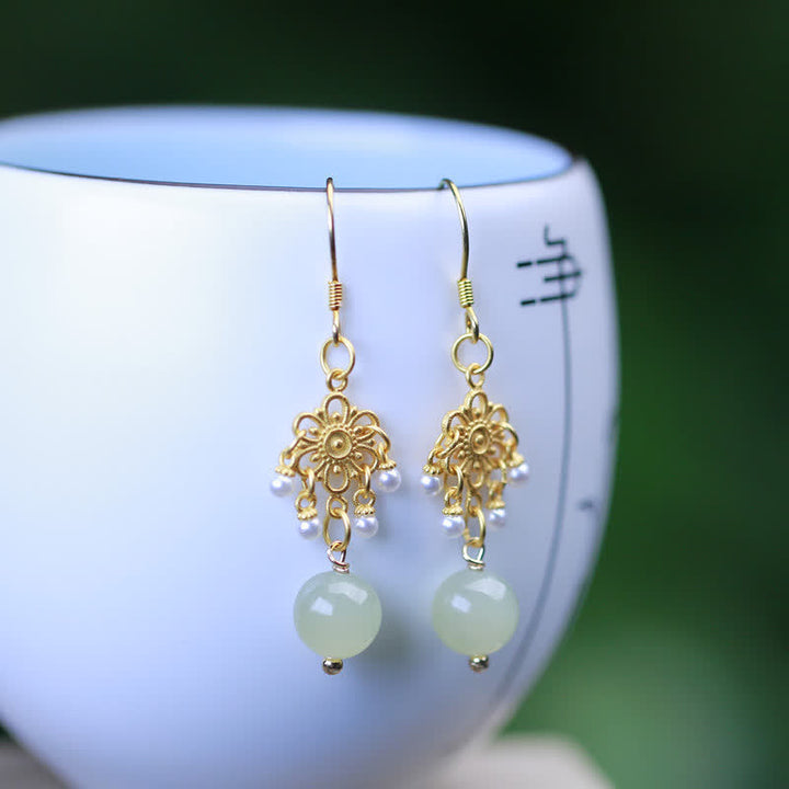 Pendientes colgantes con forma de gota de la suerte, chapados en oro de 14 quilates, con patrón de flores de jade hetiano