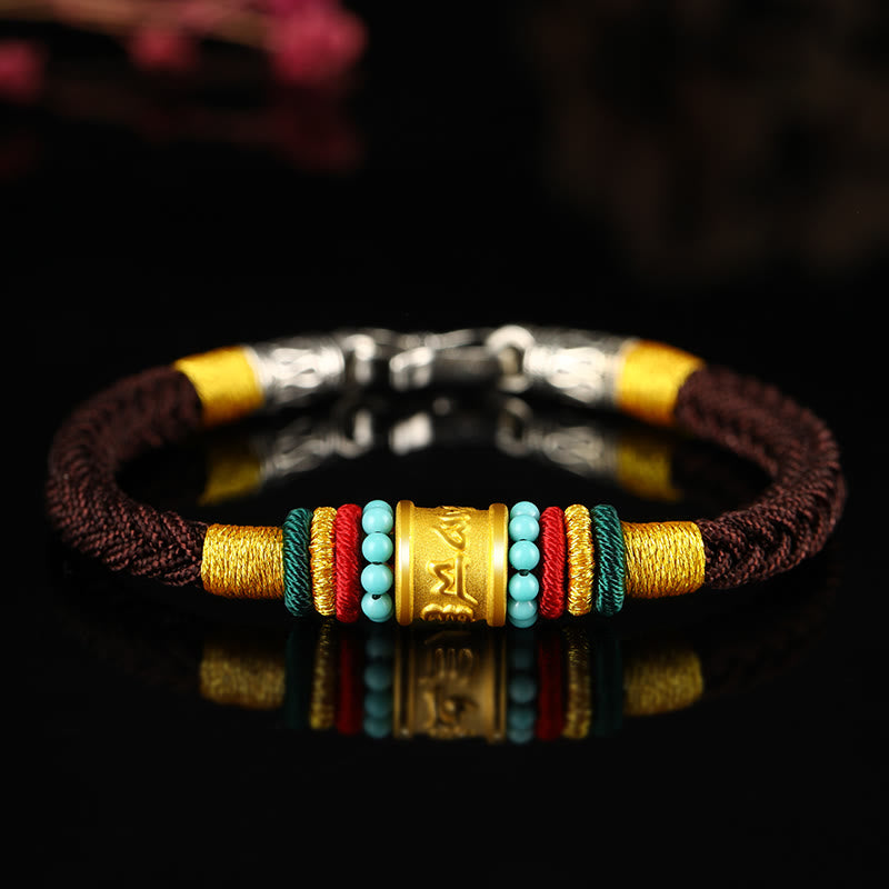 Buddha Stones Tíbet 999 oro Om Mani Padme Hum pulsera de la suerte hecha a mano con ocho hilos y nudo de la paz - Hebilla plateada turquesa con cuerda marrón - 19 cm - image 16