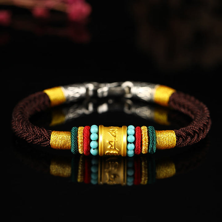 Buddha Stones Tíbet 999 oro Om Mani Padme Hum pulsera de la suerte hecha a mano con ocho hilos y nudo de la paz - Hebilla plateada turquesa con cuerda marrón - 19 cm - image 16