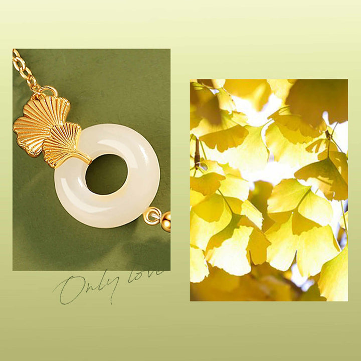 Pulsera de la suerte de hoja de ginkgo con hebilla de paz de jade blanco hetiano de plata de ley 925 con Buddha Stones