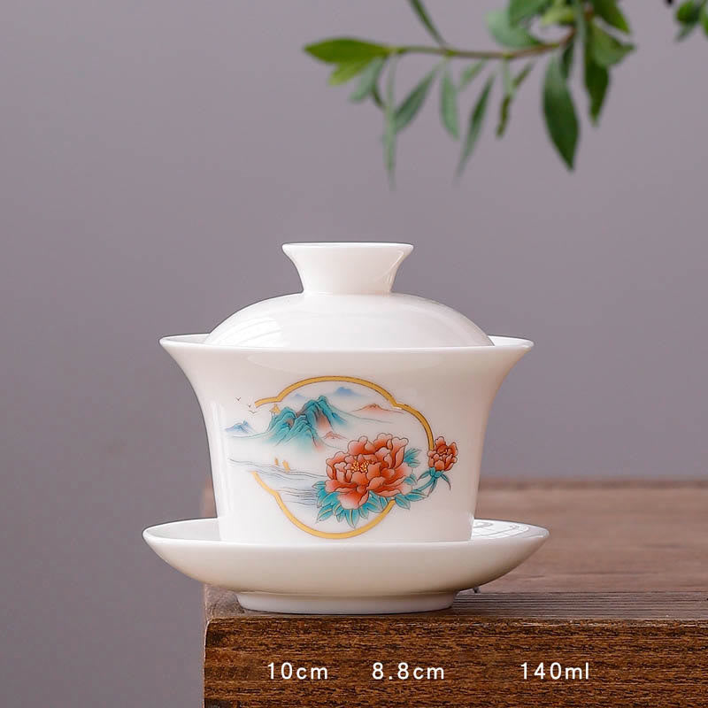 Taza de té y platillo con tapa, porcelana blanca, paisaje de montaña, campo, cerámica, Gaiwan, Kung Fu , Buddha Stones