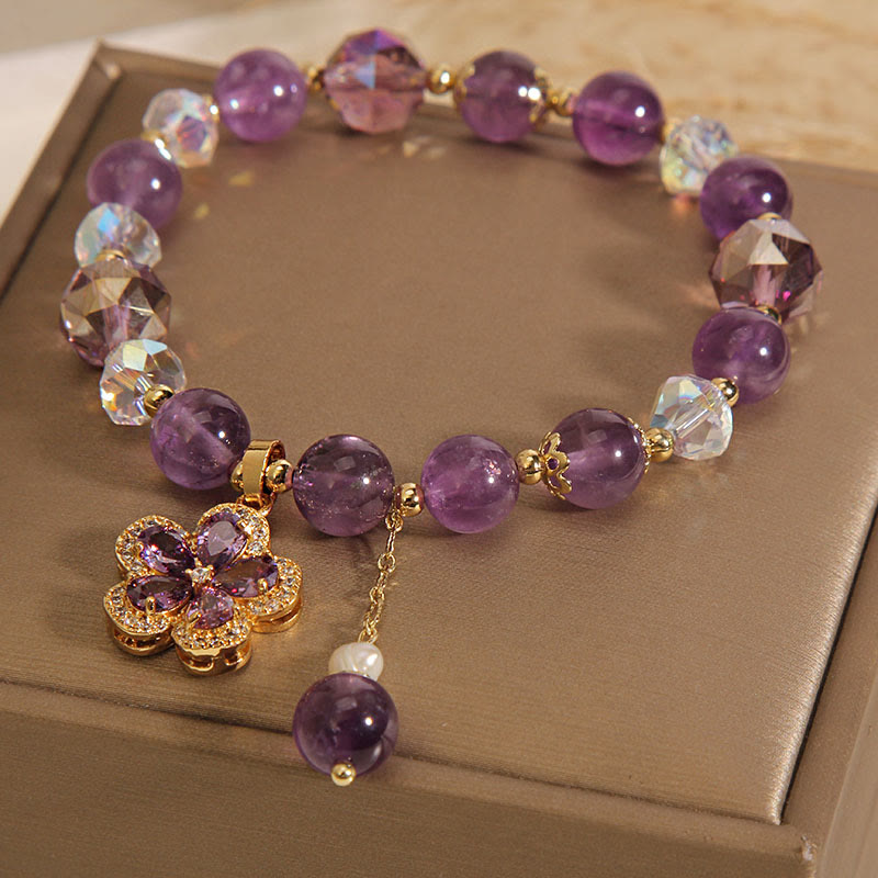 Pulsera de transformación positiva con dije de flor de perla de amatista natural