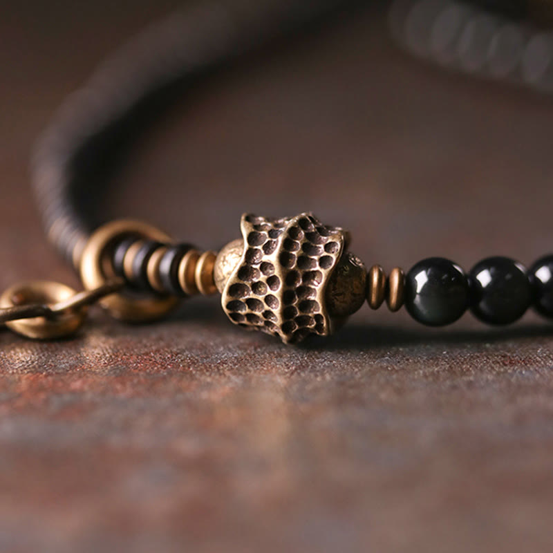 Pulsera multicapa positiva de cobre y madera de ébano, obsidiana, arcoíris , Buddha Stones