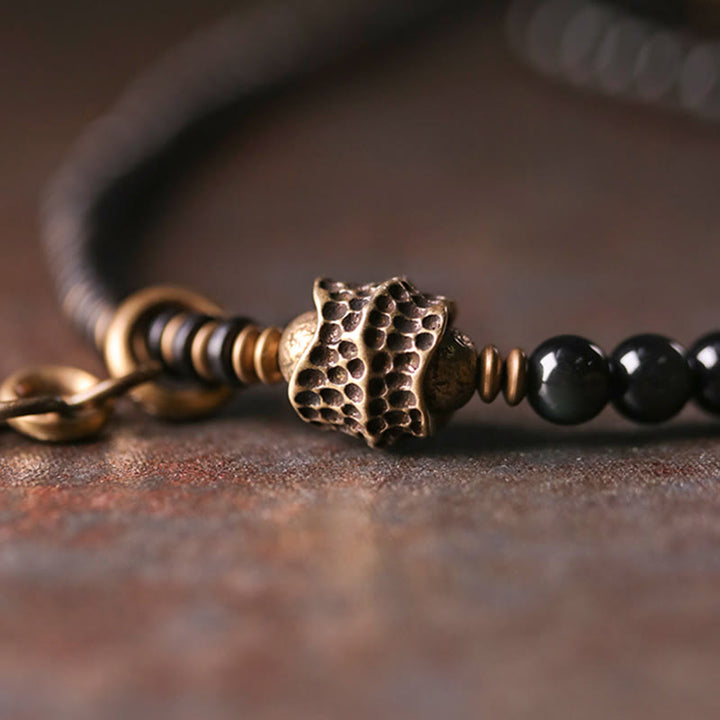 Pulsera multicapa positiva de cobre y madera de ébano, obsidiana, arcoíris , Buddha Stones
