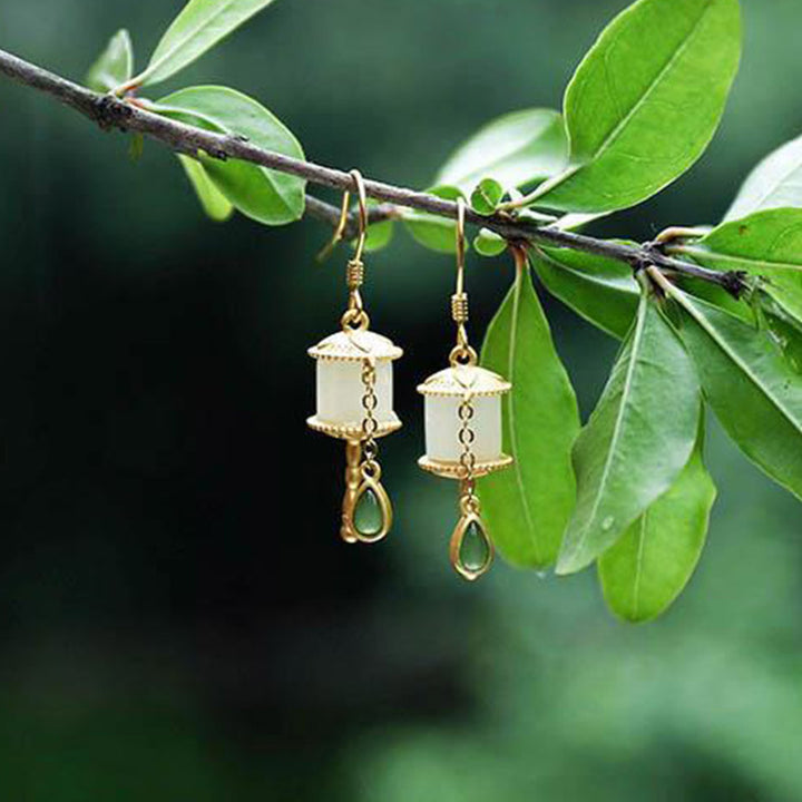 Pendientes colgantes de la suerte con rueda de oración de jade de plata de ley 925 con Buddha Stones