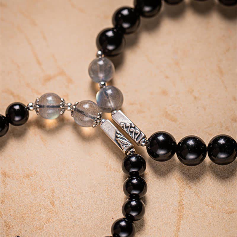Pulsera de pareja de fuerza de piedra lunar de obsidiana de plata de ley 925 - image 16