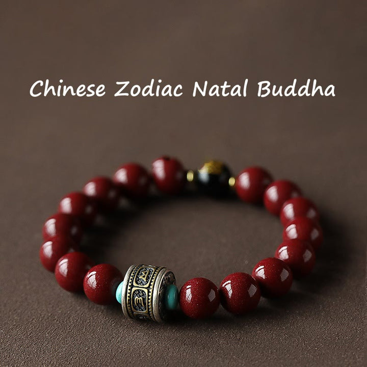 Pulsera de plata de ley 925 con Buddha Stones , zodíaco chino, Buda natal, cinabrio, Om Mani Padme Hum - Perro/Cerdo-Buda Amitabha - 12 mm - image 0