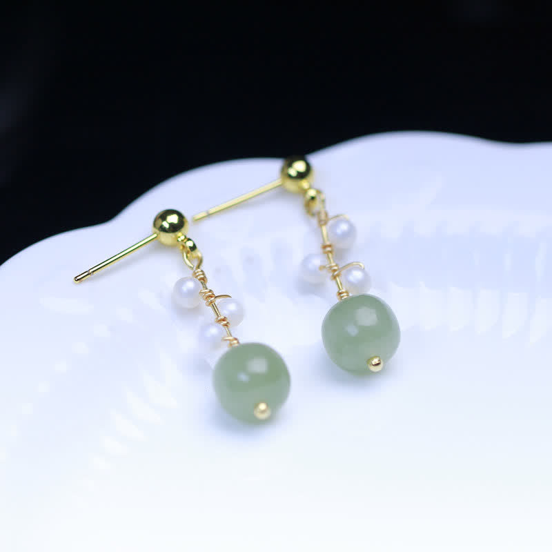 Pendientes colgantes con forma de gota de la suerte, chapados en oro de 14 quilates, con patrón de flores de jade hetiano
