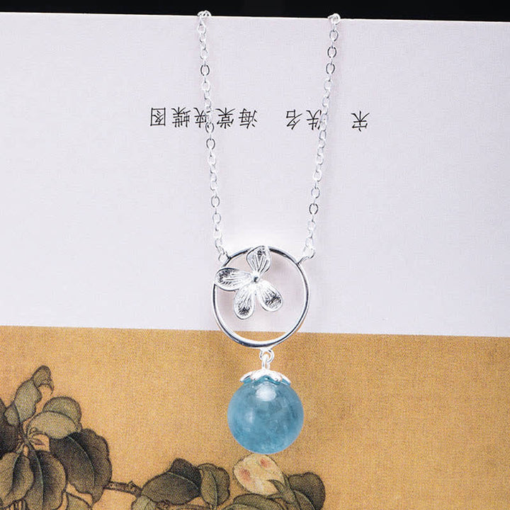 Collar con pendientes de plata de ley 925 con Buddha Stones , hoja de aguamarina natural, flor y paz
