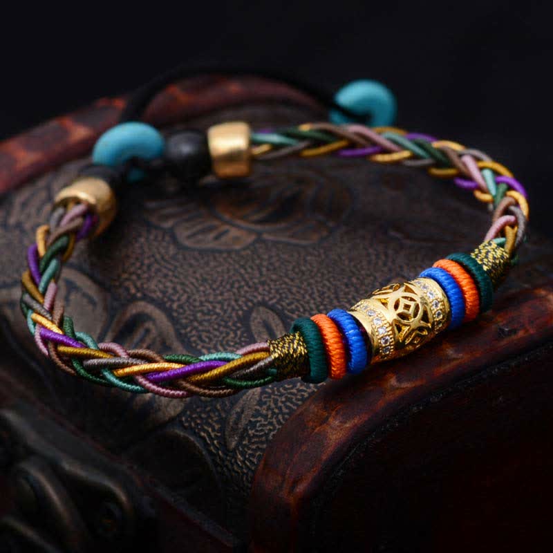 Pulsera de cuerda tejida con moneda de cobre, hecha a mano, con nudo de ocho hilos, Buddha Stones tibetanas
