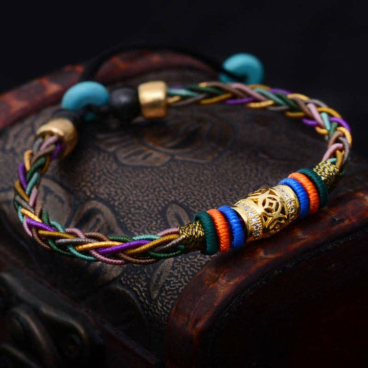 Pulsera de cuerda tejida con moneda de cobre, hecha a mano, con nudo de ocho hilos, Buddha Stones tibetanas