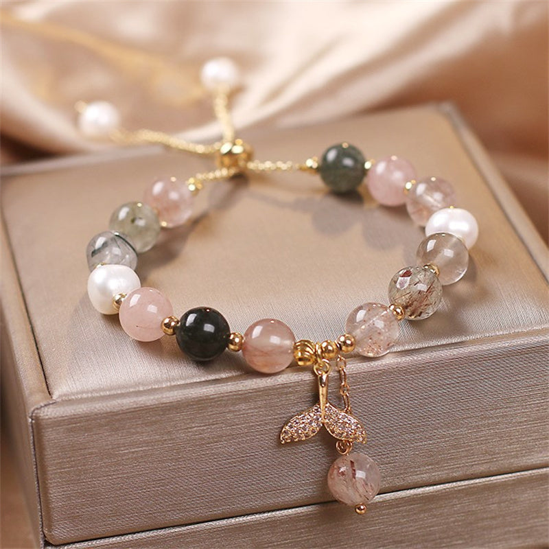 Pulsera curativa con dije de cola de pez de cuarzo rutilado de cuarzo fresa con Buddha Stones