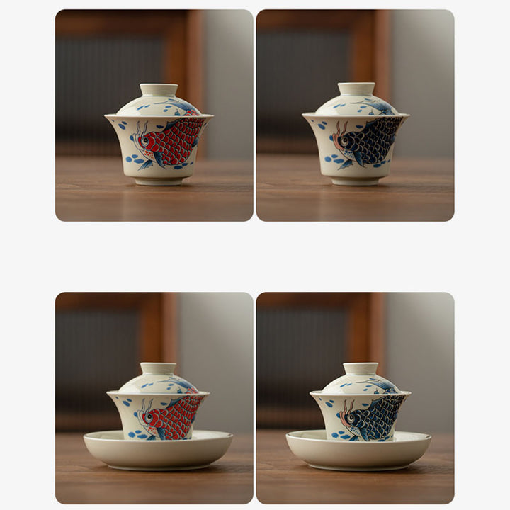 Buddha Stones Koi Arowana cerámica Gaiwan Sancai taza de té Kung Fu con tapa 130ml