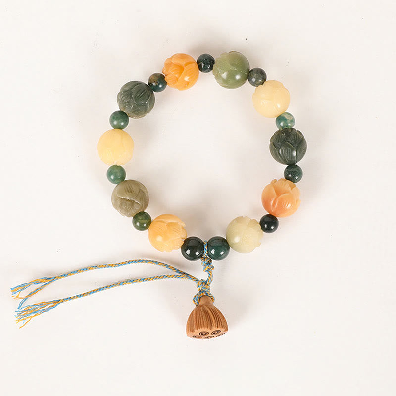Pulsera de paz y calma con Buddha Stones , semilla de Bodhi, cuentas de loto grabadas, ágata de musgo