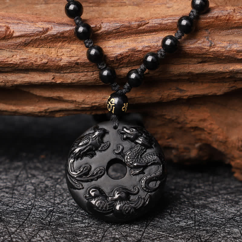 Buddha Stones Obsidiana Negra Dragón Fénix Pato Mandarín Collar de Protección de la Suerte Colgante