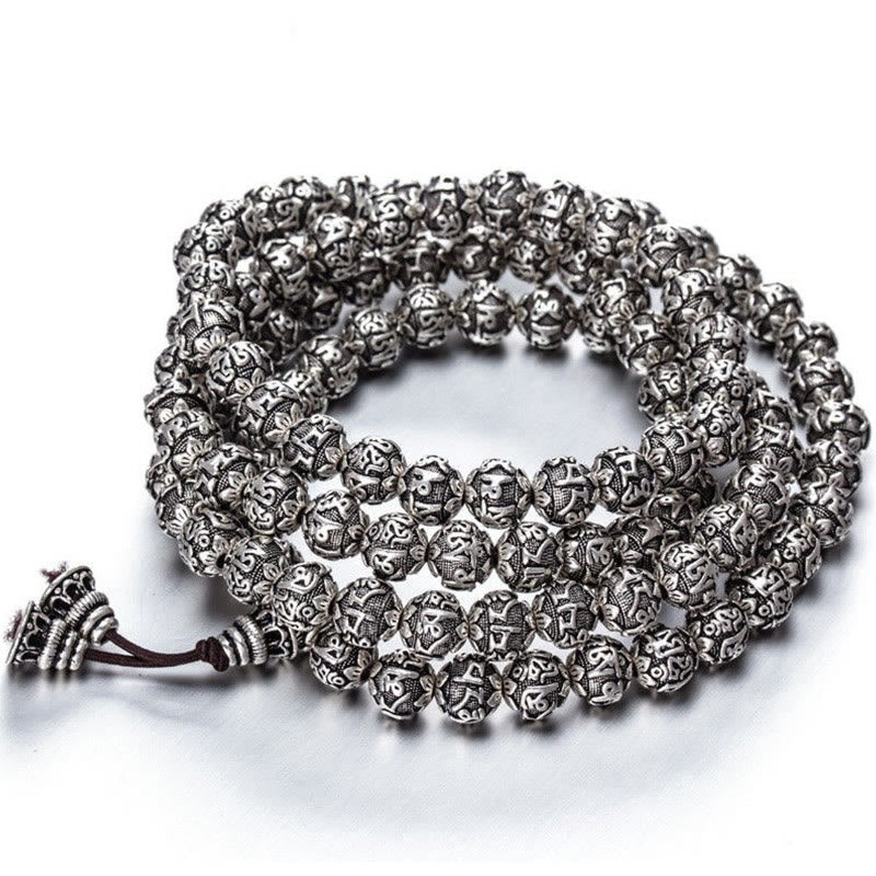Pulsera de amuleto de cuentas de aleación tallada Om Mani Padme Hum tibetano con Buddha Stones