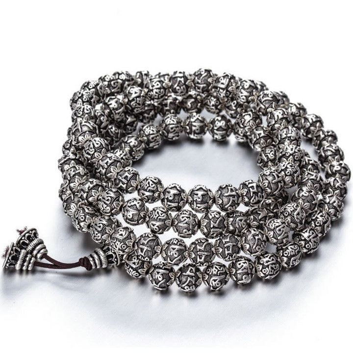 Pulsera de amuleto de cuentas de aleación tallada Om Mani Padme Hum tibetano con Buddha Stones