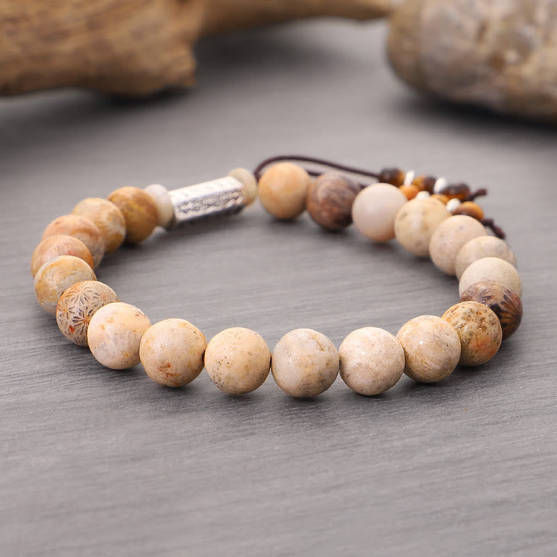 Pulsera fortalecida Om Mani Padme Hum de piedra desgastada