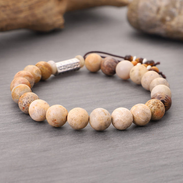 Pulsera fortalecida Om Mani Padme Hum de piedra desgastada