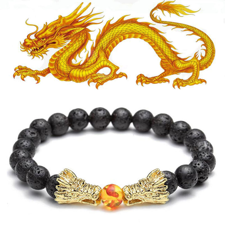 Pulsera con cuentas de bendición de dragón de roca de lava, turquesa blanca, Buddha Stones - Roca de lava y oro - image 25