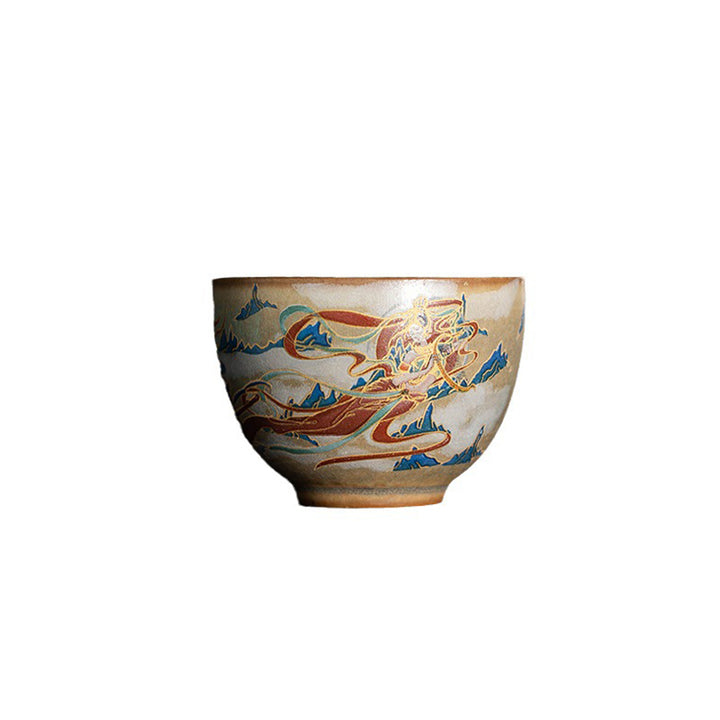 Taza de té de cerámica Gaiwan Sancai de Dunhuang Flying Apsaras con Buddha Stones, taza de té de Kung Fu con tapa