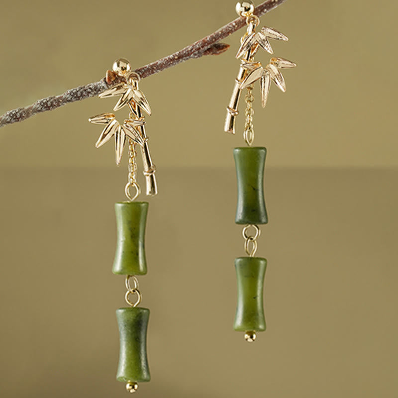 Pendientes colgantes de hoja de bambú, peridoto natural, oro chapado en cobre, postes de plata de ley 925 con Buddha Stones
